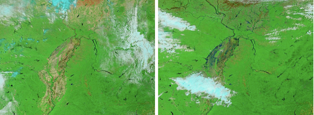 The central and southern United States before and after a period of intense rainfall from April 29 to May 1, 2017 produced record-breaking floods. Flooded areas have been colored dark blue. Source: NASA